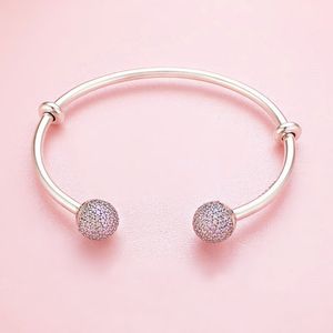 Bracelet ouvert en argent sterling 925 avec boule pavée en zircone rose pour bijoux Pandora européens