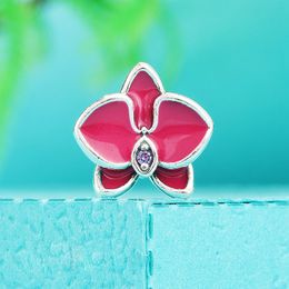 925 Sterling Silver Orchid Enamel Pink CZ Perle s'adapte aux bracelets de charme de style pandora européen