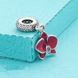 925 Sterling zilveren orchidee Email Dange Bead past Europese sieraden Pandora Style Charmakbanden