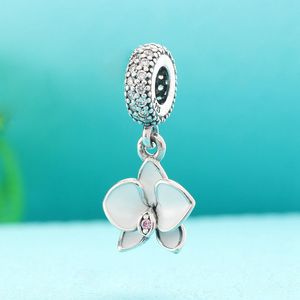 Cuenta colgante de esmalte blanco de orquídea de plata de ley 925 compatible con pulseras de dijes de estilo Pandora de joyería europea