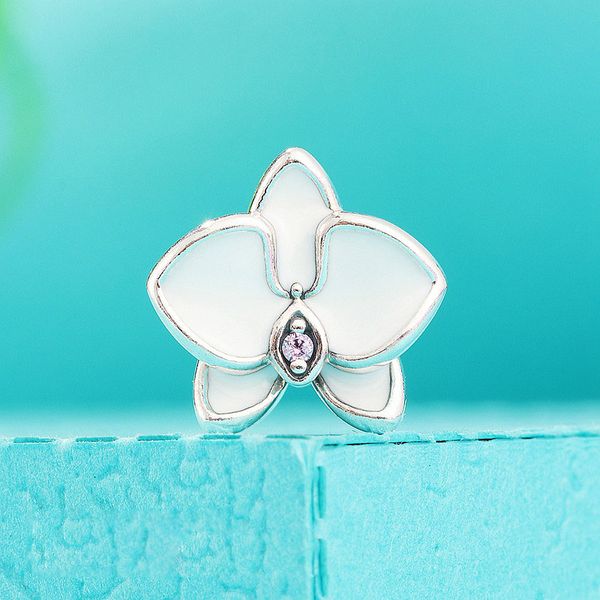 925 Sterling Silver Orchid White Ematel Orchid Cz Perle d'or des bracelets europ￩ens bijoux de style pandora europ￩en