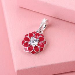 925 Sterling Zilver Oosterse Bloom Bungelkraal met Rood Emaille Past bij Europese Sieraden Pandora Style Charm Armbanden