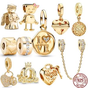 925 Sterling Silver Original Gold Love Stamp Festive Bell Dangle Charm Bead Fit Jewelry Gift Envío gratis