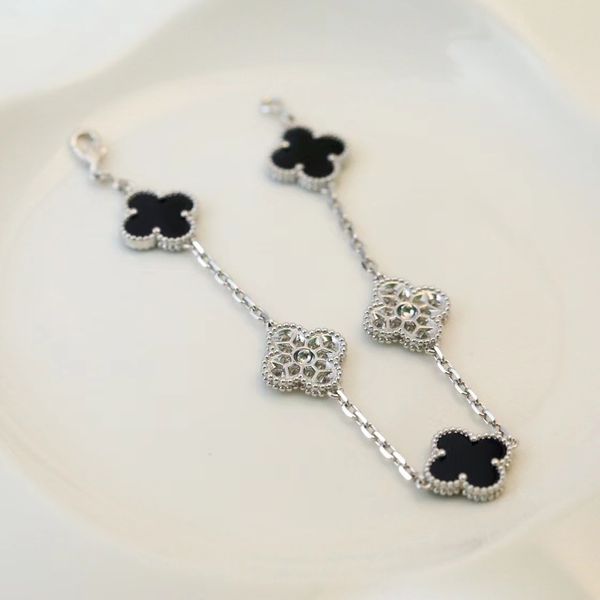 925 Bracelet à cinq fleurs en argent sterling plaqué avec un bracelet de trèfle de trèfle en diamant noir en or blanc 18 carats bijoux
