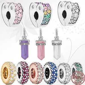 925 Sterling Silver Pandora Charm Blue Pink Bead Heart Clip is geschikt voor primitieve klassieke damesarmbanden DIY sieradencadeau