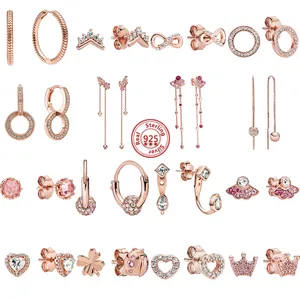 Bracelet à breloques Pandora en argent sterling 925 boucles d'oreilles roses clignotantes adaptées à la mode dames bijoux accessoires de mode