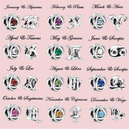 925 Sterling Zilver Pandora Charmant Zodiac Gelukssteen Parel Is Geschikt voor Primitieve Dames Armbanden DIY Charm Sieraden Mode Accessoires