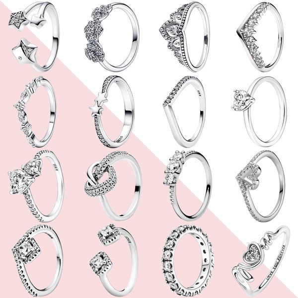 925 Sterling Silver Pandora Ring Mujeres Classic DIY Compromiso Boda Crystal Crystal Ring Joyería de lujo Accesorios de moda Entrega gratuita