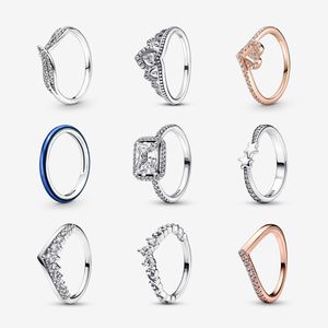 925 Sterling Silver Pandora Rings for Women Original Tiara Heart Wishbone Engagement Rose Gold Wedding Stacking Ring Crystals Jewelry