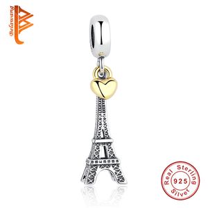 925 Plata esterlina PARIS EIFFEL TOWER COLGANTE CHARM Gold-Color Heart Charms Fit Pandora Original BW Pulseras Joyería de mujer Q0531