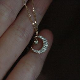 925 Sterling Silver Pave Zircon Star Moon Pendentif Collier Femmes 14K Plaqué Or Doux Romantique Fête Cadeau Bijoux