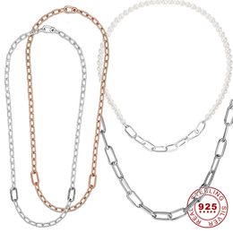 925 Sterling Zilveren Parel Me Chain Link Ketting Met Me Charm Voor Vrouwen Halsbanden Zilver S925 14k Rosé Vergulde Jewelry240115
