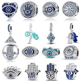 925 Sterling Silver Pendant Charms voor Pandora Originele doos Kleur Lucky Blue Eyes Fatima Hand European Bead Charms armband ketting