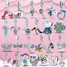 925 Sterling Silver Pendant Charms voor Pandora Originele doos vlinder Owl Cat Paw Charm Turt Turtle Dolphin Skull Hart Bloem Braad Braad Ketting Sieraden Making