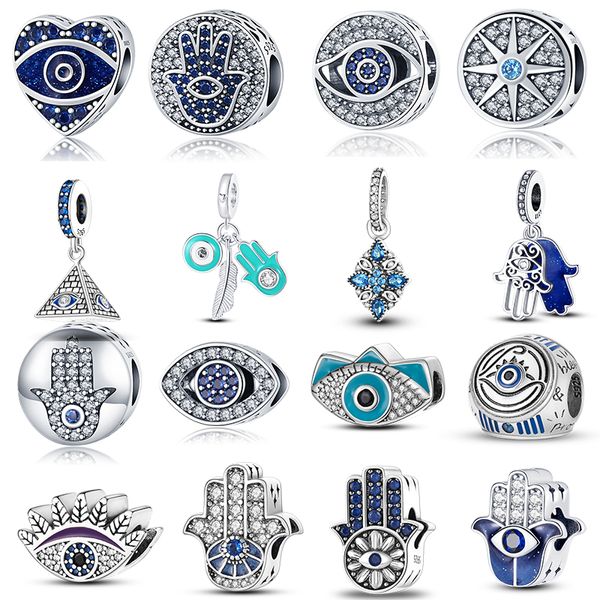 925 Sterling Silver Pendant Charms pour Pandora Boîte d'origine Couleur Lucky Blue Eyes Fatima Hand European Bead Charms Bracelet Collier