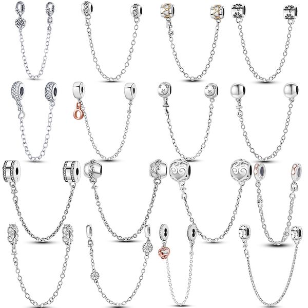 925 Sterling Silver Pendentif Charms pour Pandora Boîte d'origine Coeur Chaîne de sécurité Européenne Perle Charms Bracelet Collier