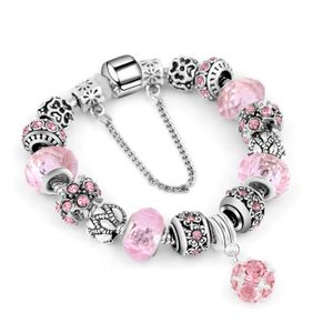 925 Sterling Zilver Roze Charm Bead Fit Europese Pandora Armbanden voor Dames Crystal Balls Dangle Charm Beads Snake Chain Mode-sieraden