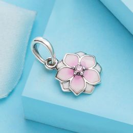 Plata de ley 925 Pink Magnolia Bloom Dangle Pendant Bead Se adapta a la joyería europea Pandora Style Charm Bracelets