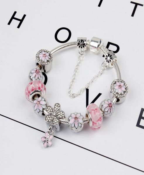 925 Sterling Plate Pink Murano Glass Beads Charde Cherry Blossom Bracelet Chain Pit P Joyería de pulsera europea Making Bangle Diy Daisy Mujeres Parentes9293282