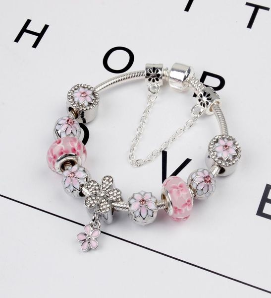 925 Silver Silver Pink Murano Glass Breads Charry Berry Blossom Bracelet Chain Fit P Bracelet européen Bijoux Making Bangle Diy Daisy Pendant Women9341829