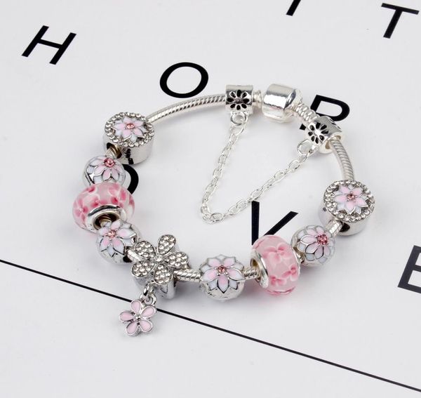 925 STERLING SITRING Pink Murano Glass Beads Charme Cherry Blossom Bracelet Chain Fit P Joyería de pulsera europea haciendo Bangle Diy Daisy Posting Women3613820