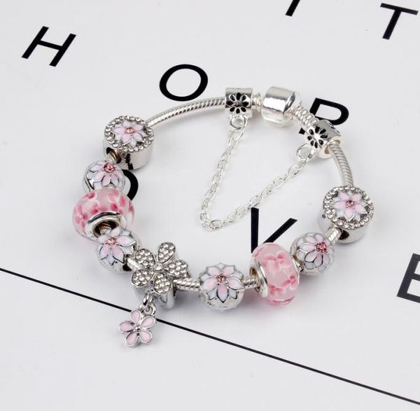 925 Silver Silver Pink Murano Glass Breads Charry Cherry Blossom Bracelet Chain Fit P Bracelet européen Bijoux Making Bangle Diy Daisy Pendant Women3034118