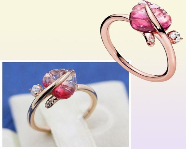 925 Sterling Silver Pink Murano Verre feuille de feuille en ajustement Bijoux Engagement Mariage Amoureux de mode Ring2409837