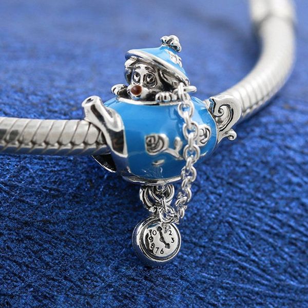 Perle de charme de théière de fête de non-anniversaire d'émail bleu d'argent sterling 925 convient aux bracelets européens de perles de style de Pandora