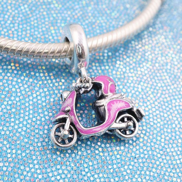 Abalorio colgante de plata de ley 925 con diseño de scooter rosa, compatible con pulseras de cuentas estilo Pandora europeas