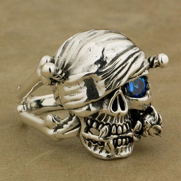 Bague crâne de pirate en argent sterling 925 Rose bleu CZ Style motard pour hommes 9W101 C18122501261O