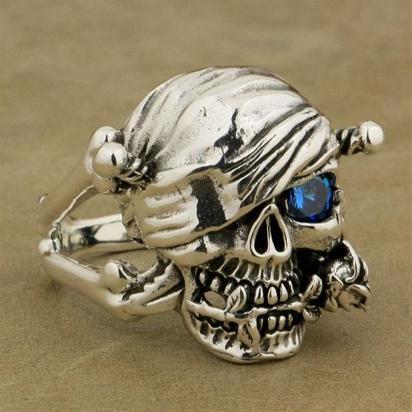 Anillo de plata de ley 925 con calavera pirata, circonita azul rosa, estilo motero para hombre 9W101 C18122501283Z