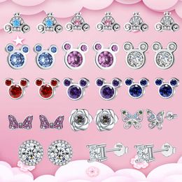 Pendientes de tuerca de plata de ley 925 con carrito de calabaza, pendientes pequeños de mariposa con flor rosa, rosa y azul para mujer