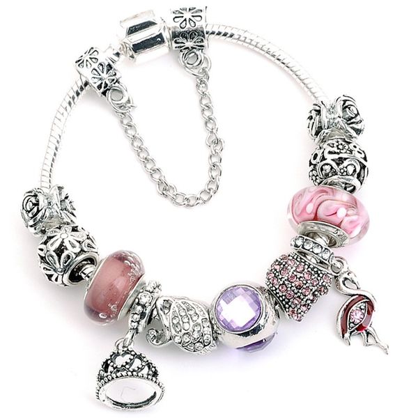 Plata de ley 925 Cuentas de cristal de Murano púrpura Reina Corona Cisne Granos del encanto europeo Flamingo Dangle Se adapta a Pandora Charm Pulseras Collar