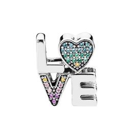 925 Sterling Silver Rainbow Pave Love Charm Perles européennes avec boîte d'origine pour Pandora Snake Chain Bracelet Bracelet DIY Fabrication de bijoux Lettre Charms