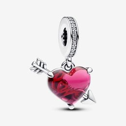 925er Sterlingsilber, rotes Herz, Pfeil, Muranoglas, baumelnde Charms, passend für originale europäische Charm-Armbänder, modische Damen-Hochzeitsschmuck-Accessoires