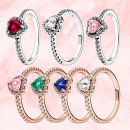 925 Rague en argent sterling coeur rouge surélevé avec des anneaux de zircon en cristal coloré pour les femmes Valentin cadeau d'anniversaire bricolage bijoux 240514