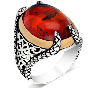 925 Sterling Zilveren Ring Voor Man Real Pure Turquoise Agaat Ruby Polish Amber Stenen Handgemaakte Turkse Jewelry202r