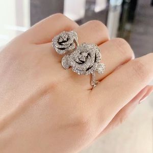 925 Sterling zilveren ringen voor dames, volledige diamanten trouwring met roos, 18k roségouden ring met volledige strass, dubbellaags