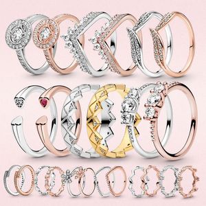 925 Anneaux en argent sterling Princess Tiara Crown Sparkling Love Heart Jewelry Anniversary Rings for Women Engagement