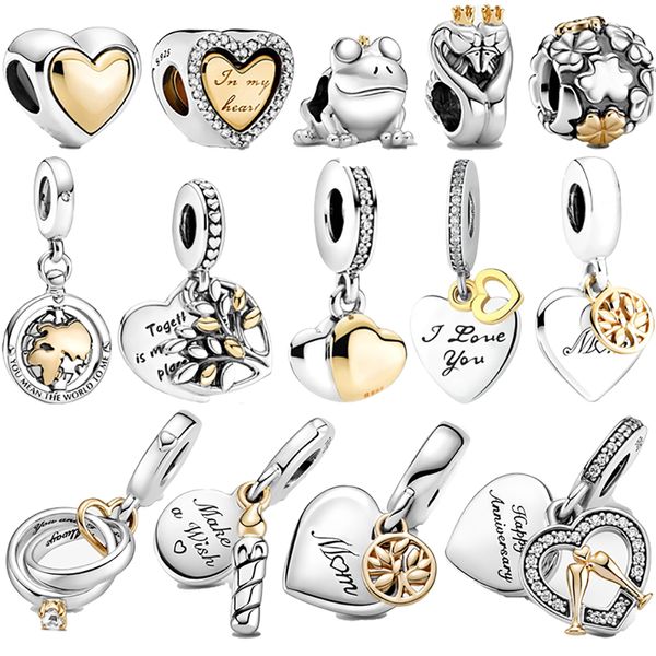 Colgante de corazón dorado con cuentas redondas de Plata de Ley 925 adecuado para pulsera Pandora joyería de moda DIY