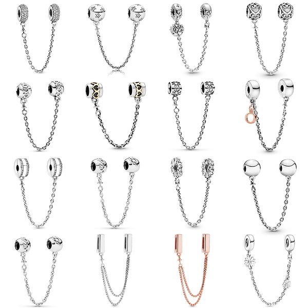 Abalorios de cadena de seguridad de Plata de Ley 925, cuentas DIY compatibles con pulsera Pandora Original para mujer, Clip de fijación, regalo de joyería de estrella de corazón