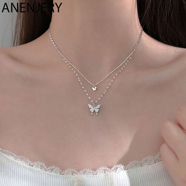 Collier papillon brillant en argent Sterling 925 pour femmes, délicat, Double couche, chaîne de clavicule, bijoux S-N173