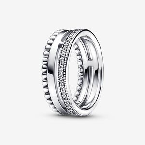 925 Sterling Silver Signature Logo Pave Beads Ring para Pandora Wedding Party Joyas de diseño Anillos para mujeres Novia Regalo Anillo de lujo con caja original