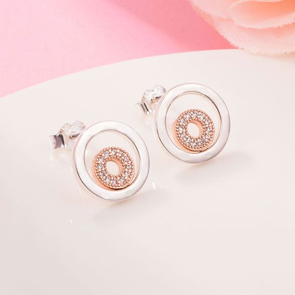 925 Sterling Silver Signature Two-tone Logo Circles Stud Boucles d'oreilles Convient aux bijoux de style européen Pandora Boucles d'oreilles à la mode