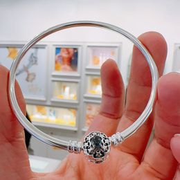 Brazalete liso de plata de ley 925, pulsera con cierre de abalorio de princesa, compatible con abalorios y abalorios Pandora europeos