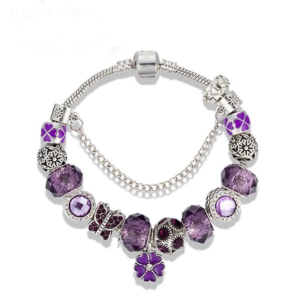 925 Sterling Silver Serpent Chaîne Fermoir Papillon Bracelet Européen Charme Perles Violet Cinq Pétales Fleur Dangle Convient Pandora Charm Bracelets Collier B8