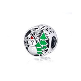 925 Sterling Zilver Snowy Wonderland Snowman Charm Whitered Green Emaille Geschikt voor armband Charms voor het maken van sieraden Kerstmis