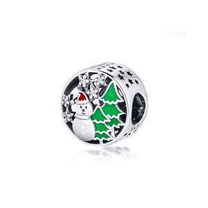 925 Sterling Silver Snowy Wonderland Snowman CharmWhiteRed Green Email Fits Bracelet Charms for Making Jewelry Christmas