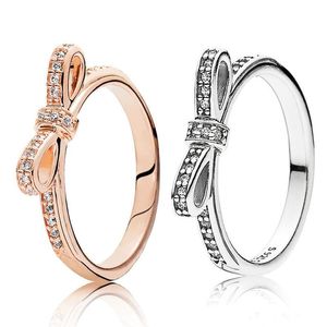 925 Sterling Silver Sparkling Bow Ring Set Boîte d'origine pour Pandora grain Femmes Mariage CZ Diamond bowknot 18K Rose Gold Rings