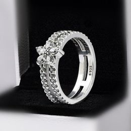 Doppelter Ring aus 925er-Sterlingsilber mit funkelnder Schneeflocke und CZ-Steinen, passend für Pandora-Charm-Schmuck, Verlobung, Hochzeit, Liebhaber, modischer Ring für Frauen